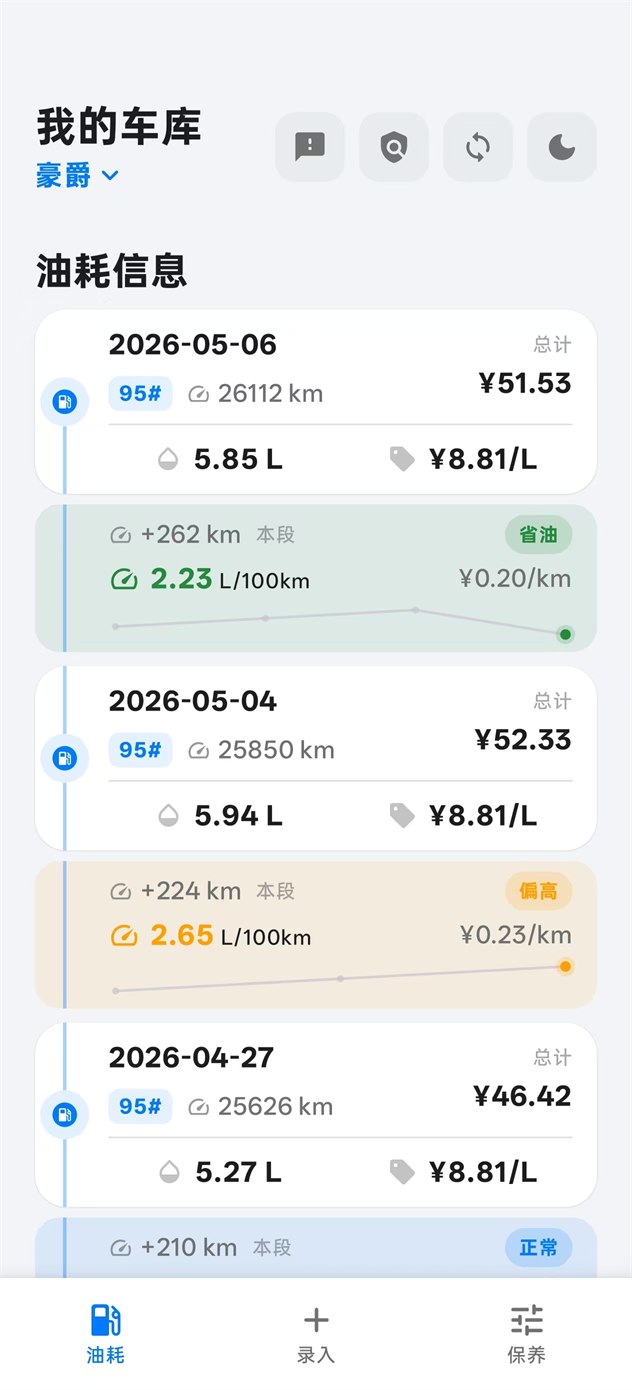 车库总览和油耗信息界面